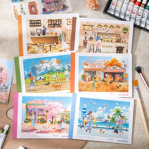 Freizeit-Urlaubsserien-Aufkleberbuch Handgemalte Landschaften Washi PET Materialien Für Scrapbooking DIY Dekoration