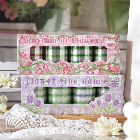 Set di Nastri Decorativi in PET Impermeabili Motivi Floreali Botanici e Viti Stampa a Caldo Parziale Fustellatura per DIY Scrapbooking Diario