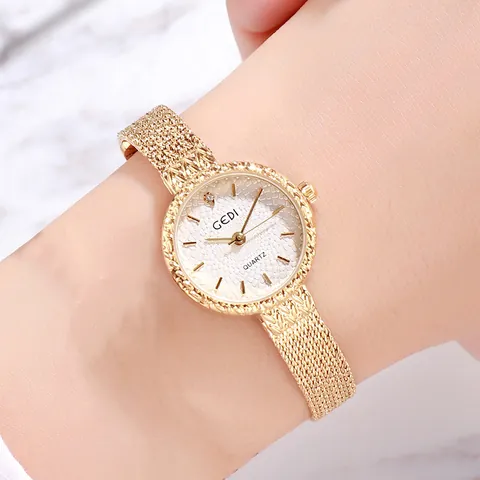 GEDI Women Fashion Quartz Watch Vintage Alloy Mesh Strap Retro Textured Dial Waterproof Elegant Female Wristwatch Casual Timepiece