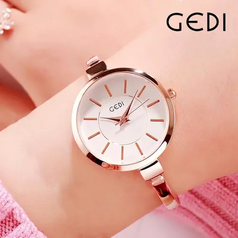 GEDI Fashion Women's Quartz Watch Rose Gold Alloy Bangle Bracelet Watch Minimalist Round Dial Waterproof Elegant Wristwatch Jewelry
