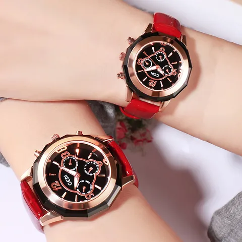 GEDI Luxury Couple Quartz Watch Rose Gold Multi Faceted Bezel Leather Strap Multi Function Sub Dials Date Day Wristwatch