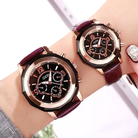 GEDI Luxury Couple Quartz Watch Rose Gold Multi Faceted Bezel Leather Strap Multi Function Sub Dials Date Day Wristwatch