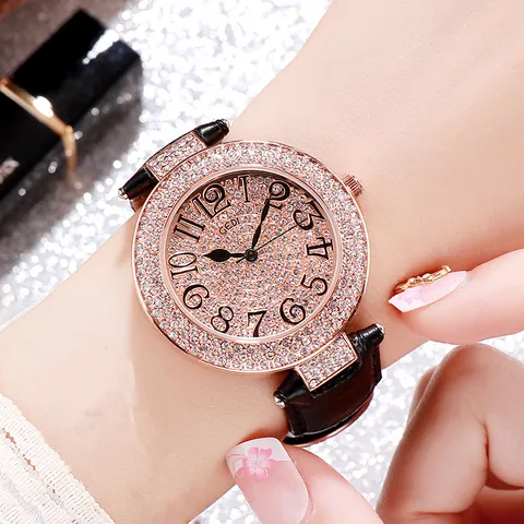 Luxus Damen Strass Uhr Mode Kristall Rundes Zifferblatt Quarzuhr Mit Lederarmband Elegante Damen Armbanduhr