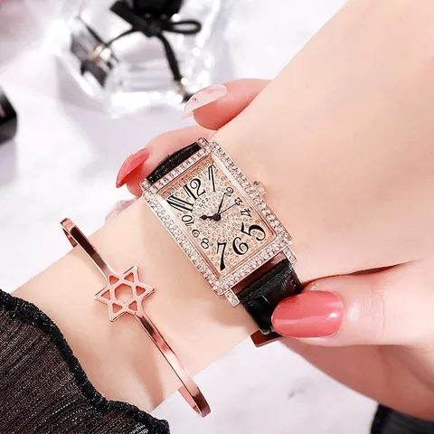 Montre à Quartz Rectangulaire de Mode pour Femmes Bracelet en Cuir Incrusté de Strass Vintage Luxe Résistant à l'Eau