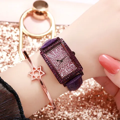 Montre à Quartz Rectangulaire de Mode pour Femmes Bracelet en Cuir Incrusté de Strass Vintage Luxe Résistant à l'Eau