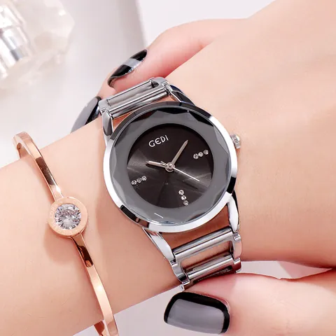 Reloj de Cuarzo de Moda para Mujer GEDI Espejo de Vidrio Facetado Lujo Esfera con Strass Correa de Aleación Hueca Impermeable