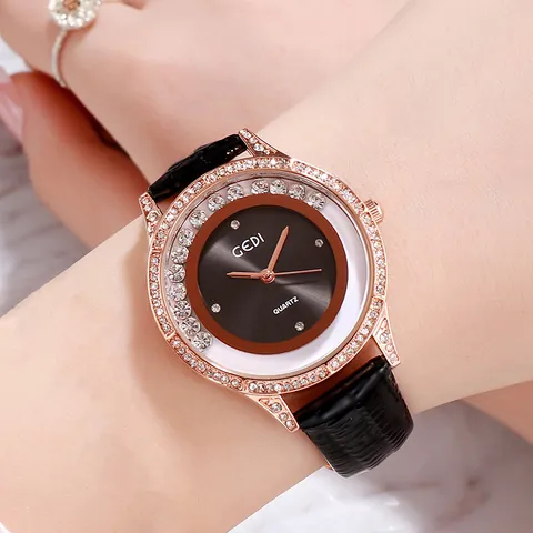 GEDI Luxury Rhinestone Women Quartz Watch Rose Gold Alloy Case Leather Strap Casual Fashion Wristwatch For Daily Wear
