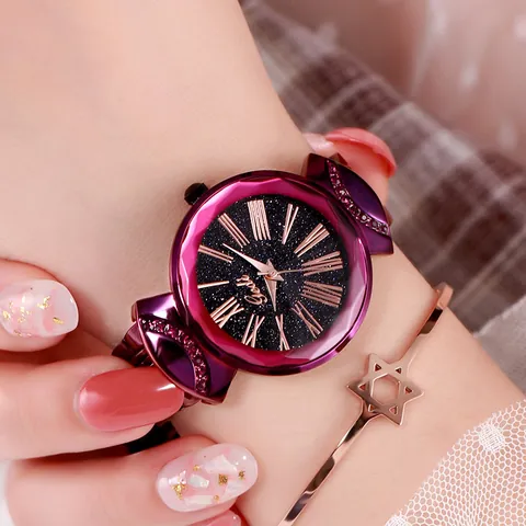 GEDI Women Fashion Starry Sky Quartz Watch Waterproof Roman Numerals Alloy Case Steel Mesh Band Elegant Ladies Wristwatch