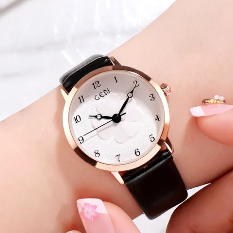 GEDI Women Fashion Quartz Watch Elegant Flower Pattern Dial Alloy Case Leather Strap Minimalist Analog Wristwatch For Ladies Gift