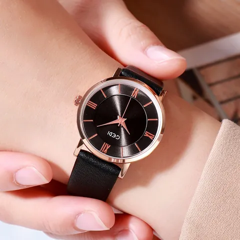 GEDI Women's Minimalist Quartz Watch With Roman Numerals Round Sunburst Dial Retro Leather Strap Ladies Casual Wristwatch