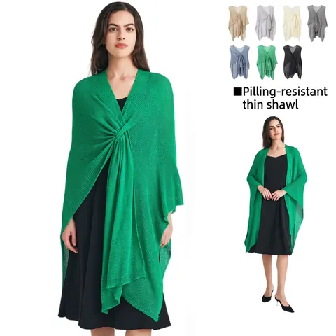 Women Solid Color Knitted Shawl Lightweight Acrylic Nylon Blend Twist Front Cape Wrap Fashion Outwear