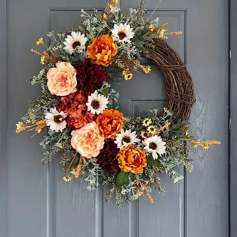 Couronne De Fleurs Artificielles Pivoine Rose Marguerite Base De Vigne Naturelle Décoration De Porte Murale Automne Satin