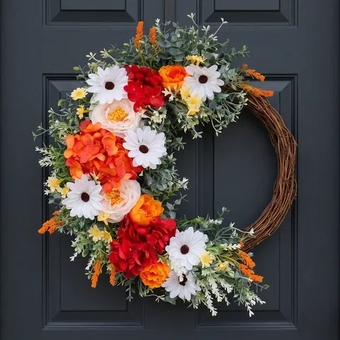 Couronne De Fleurs Artificielles Pivoine Rose Marguerite Base De Vigne Naturelle Décoration De Porte Murale Automne Satin
