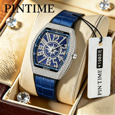 Orologio Al Quarzo Da Uomo Cassa Tonneau Strass Impermeabile Moda Lusso Quadrante Design Bussola Cinturino In Pelle