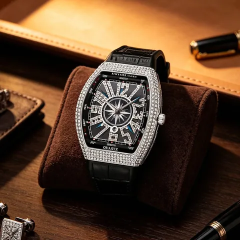 Orologio Al Quarzo Da Uomo Cassa Tonneau Strass Impermeabile Moda Lusso Quadrante Design Bussola Cinturino In Pelle