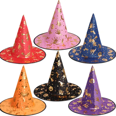 Halloween Witch Hat Wizard Pointed Cap Bronzing Satin Fabric Star Moon Bat Print Costume Party Props Accessories