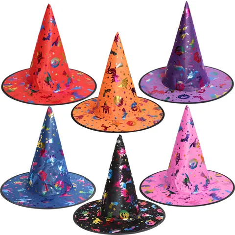 Halloween Witch Hat Wizard Pointed Cap Bronzing Satin Fabric Star Moon Bat Print Costume Party Props Accessories