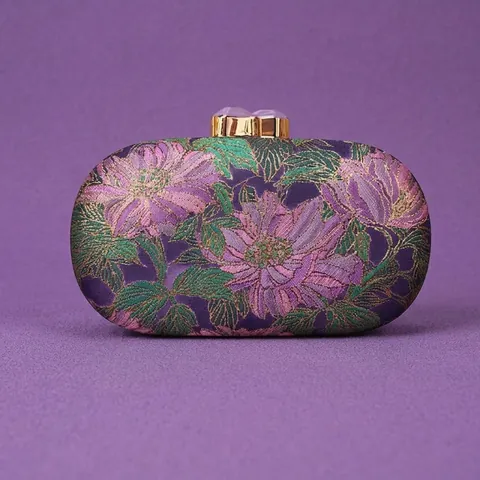 Floral Embroidered Evening Clutch Bag Jacquard Hard Shell Oval Handbag With Gemstone Clasp For Women Party Wedding