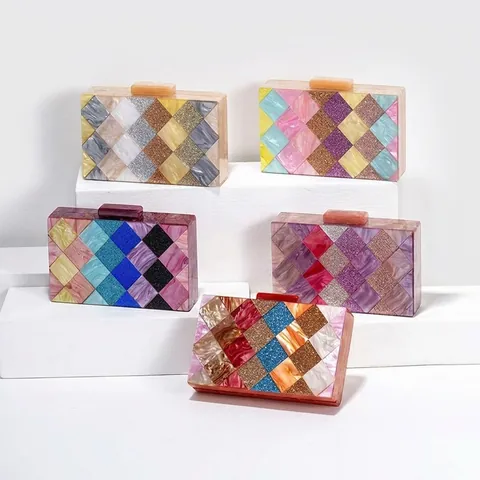 Damen Abendtasche Aus Acryl Mit Rauten-Patchwork Und Glitzer Farblock Marmor Box Handtasche Für Hochzeit Party Kette