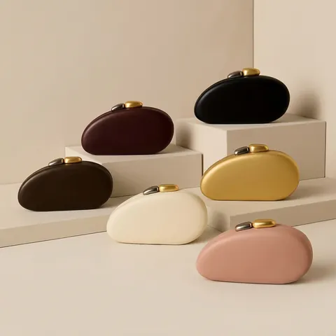 Women Pebble Shape Evening Clutch Bag Minimalist PU Leather Acrylic Ovoid Hard Shell Handbag With Irregular Metal Buckle