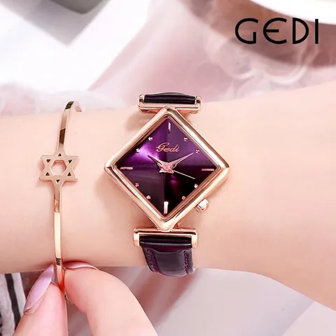 GEDI Women Fashion Square Quartz Watch Rose Gold Case Leather Strap Waterproof Elegant Ladies Wrist Watch and Star Bracelet
