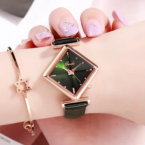 GEDI Women Fashion Square Quartz Watch Rose Gold Case Leather Strap Waterproof Elegant Ladies Wrist Watch and Star Bracelet