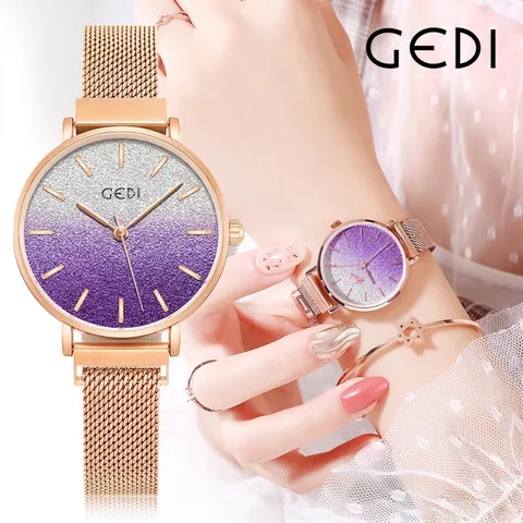 GEDI Women Quartz Watch Gradient Starry Sky Dial Milanese Stainless Steel Mesh Strap Magnetic Buckle Waterproof Wristwatch