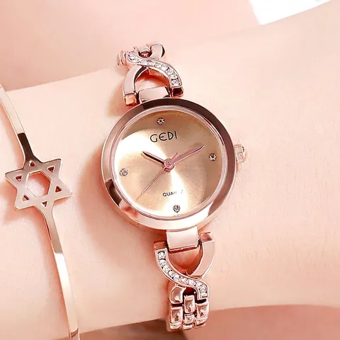 Fashion Women Quartz Watch Rhinestone Inlaid Small Round Dial Rose Gold Stainless Steel Chain Strap Elegant Wristwatch
