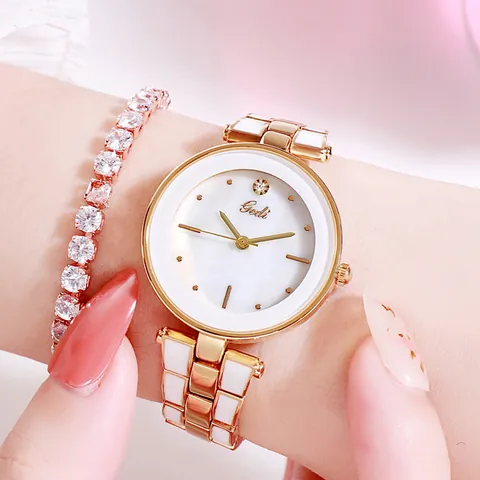 Elegante Damen Quarzuhr Strassarmband Mode Perlmutt Zifferblatt Legierung Stahlband Wasserdichte Armbanduhr