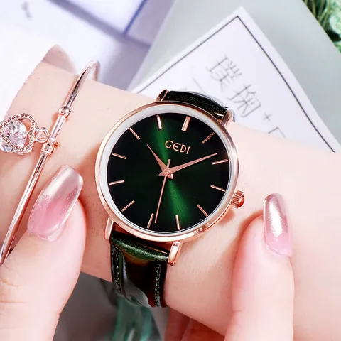 GEDI Women's Fashion Quartz Watch Rose Gold Case Sunray Dial Leather Strap Elegant Ladies Wristwatch With Heart Bracelet