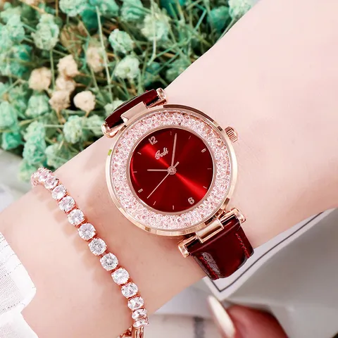 Damen Mode Quarzuhr Strass Lünette Lederarmband Wasserdicht Elegant Armbanduhr Rund Analog Schmuck Geschenk