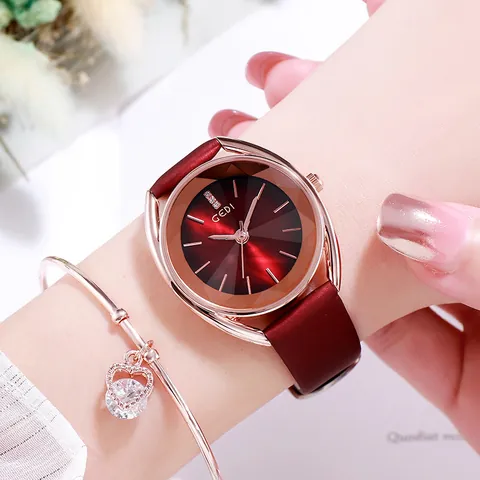 GEDI Vrouwen Mode Quartz Horloge Met Leren Band Rose Goud Legering Kast 30M Waterdicht Geometrische Snede Glas Dameshorloge