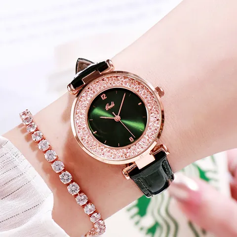 Damen Mode Quarzuhr Strass Lünette Lederarmband Wasserdicht Elegant Armbanduhr Rund Analog Schmuck Geschenk
