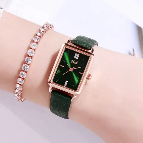 GEDI Retro Rechteckige Damen Quarzuhr PU-Lederarmband Roségoldgehäuse Wasserdichte Armbanduhr Und Strass Armband