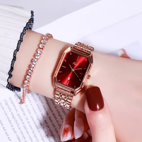Gedi Orologio al Quarzo da Donna Moda Ottagonale Oro Rosa Cinturino in Acciaio Inossidabile Impermeabile Data Quadrante Rettangolare