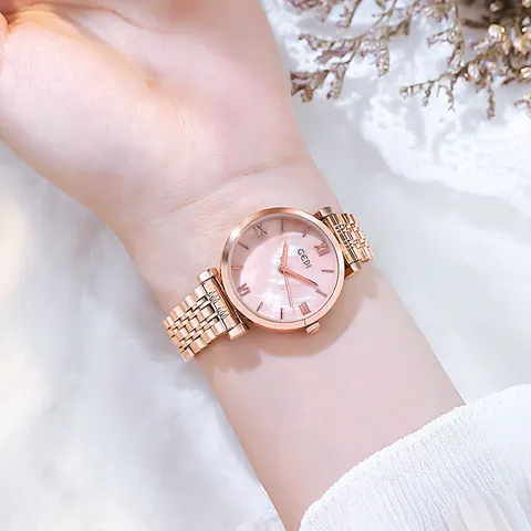 Montre à Quartz Femme à la Mode Bracelet en Acier Inoxydable Boîtier en Alliage Étanche Chiffres Romains Élégante