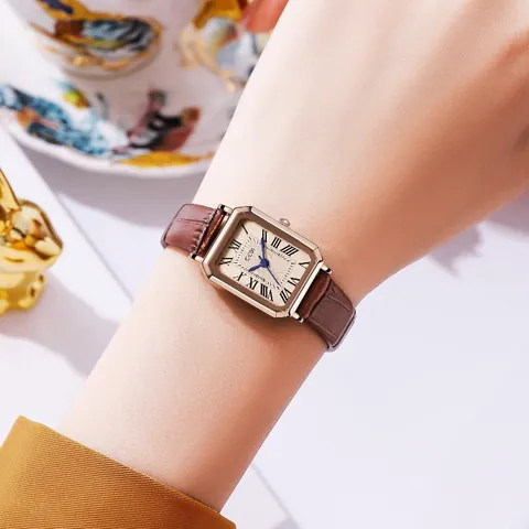 GEDI Vintage Rectangular Quartz Watch For Women Waterproof Leather Strap Roman Numeral Dial Elegant Casual Ladies Wristwatch