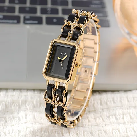 Elegant Rectangular Case Quartz Watch For Women Vintage Metal Chain Interwoven Leather Strap Luxury Fashion Wristwatch Jewelry Gift