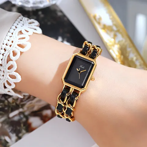 Elegant Rectangular Case Quartz Watch For Women Vintage Metal Chain Interwoven Leather Strap Luxury Fashion Wristwatch Jewelry Gift