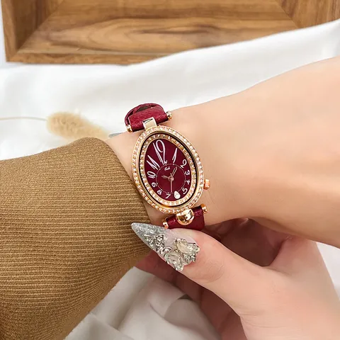 Gedi Elegant Women Quartz Watch Oval Rhinestone Bezel Leather Strap 3ATM Waterproof Vintage Fashion Ladies Wristwatch