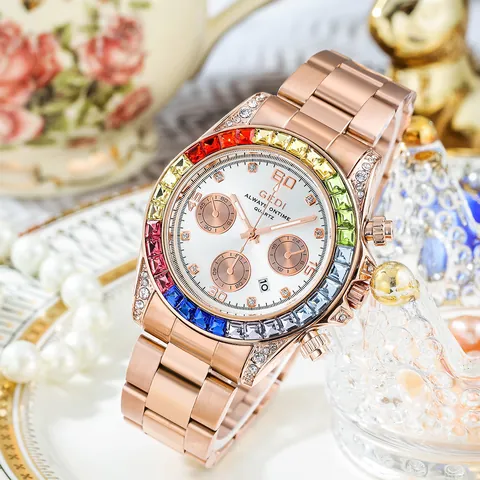 Luxury Women Quartz Watch Rainbow Bezel Rose Gold Steel Strap Multi-functional Date Waterproof Fashion Jewelry Watch