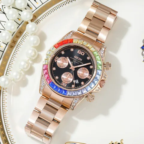 Luxury Women Quartz Watch Rainbow Bezel Rose Gold Steel Strap Multi-functional Date Waterproof Fashion Jewelry Watch