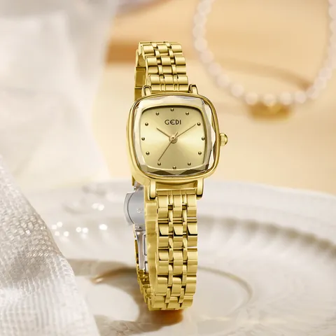 GEDI Luxury Fashion Women Quartz Watch Waterproof Stainless Steel Strap Square Dial Cut Glass Mirror Lady Elegant Wristwatch