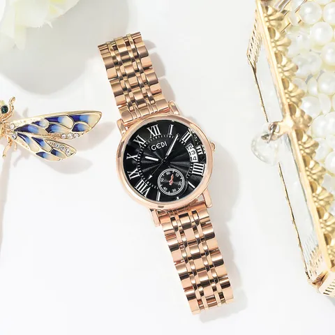 GEDI Reloj de Cuarzo de Acero Inoxidable Oro Rosa de Lujo para Mujer Calendario Dial de Segundos Pequeños Números Romanos Moda Negocios