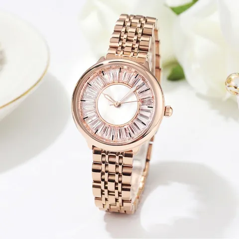 Montre de Luxe Or Rose pour Femme Mode Cadran en Strass Bracelet en Alliage Étanche Montre à Quartz Bijoux Élégants pour Dame
