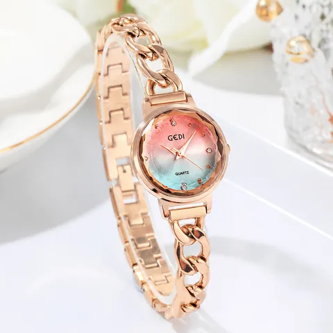 GEDI Montre à Quartz Mode Femme Or Rose Bracelet Chaîne en Acier Inoxydable Strass Cadran Dégradé Verre Facetté Montre Bracelet Analogique