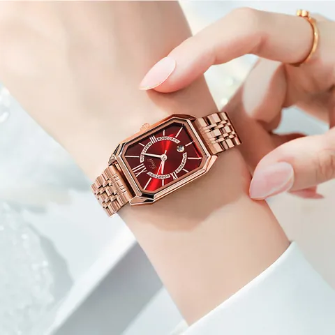 Gedi Elegante Damen Quarzuhr Vintage Oktogonales Zifferblatt Roségold Legierungsband Mit Strasssteinen Datumsfunktion Wasserdichte Uhr