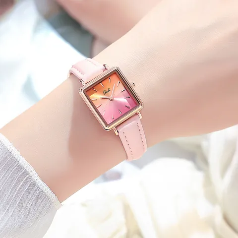 Gedi Damen Vintage Rechteck Quarzuhr Mit Lederarmband Farbverlauf Sonnenstrahl Zifferblatt Wasserdicht Damen Armbanduhr