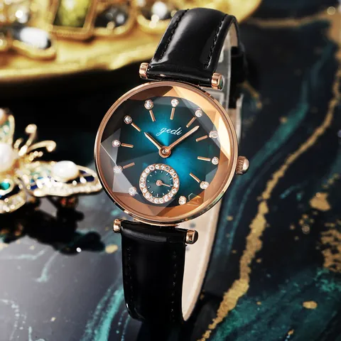 Damen Mode Luxus Quarzuhr Farbverlauf Zifferblatt Strass Akzente Facettiertes Glas Spiegel Kunstleder Armband Wasserdicht Armbanduhr