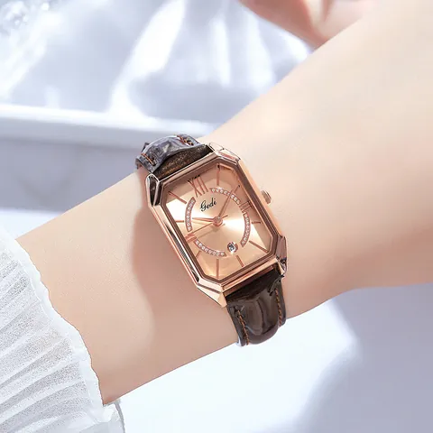 Damen Mode Quarzuhr Mit Kalender Roségold Edelstahlgehäuse Oberste Schicht Rindsleder Armband Strass Uhr